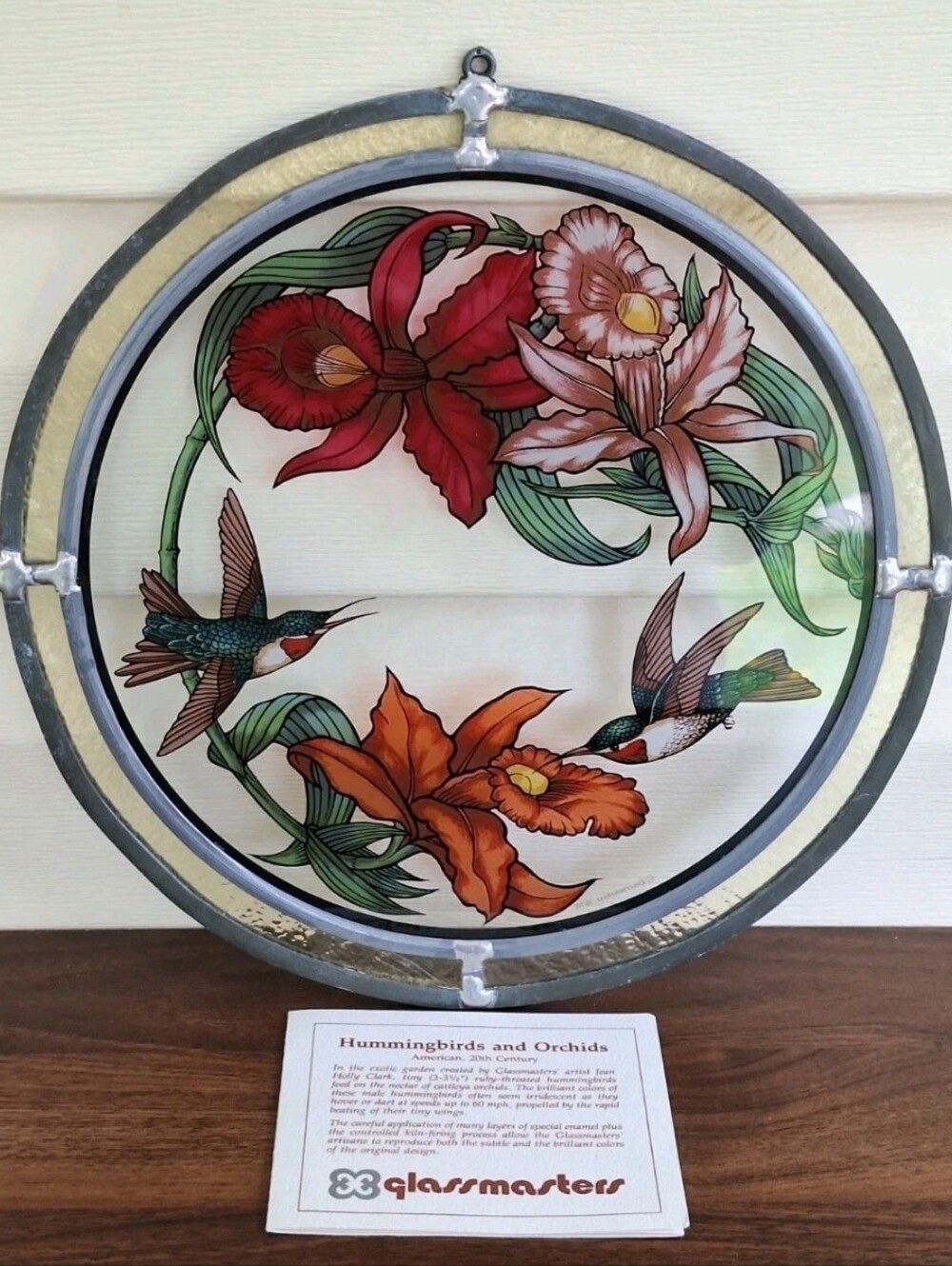 Vintage 70s Glass Art Masters Hummingbirds & Orchids 10 In Hanging Suncatcher